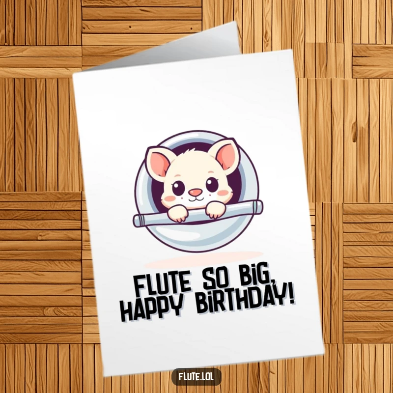 Funny Free Printable Birthday Card: Cute animal peeking mischievously from a giant shiny flute, ready to surprise.