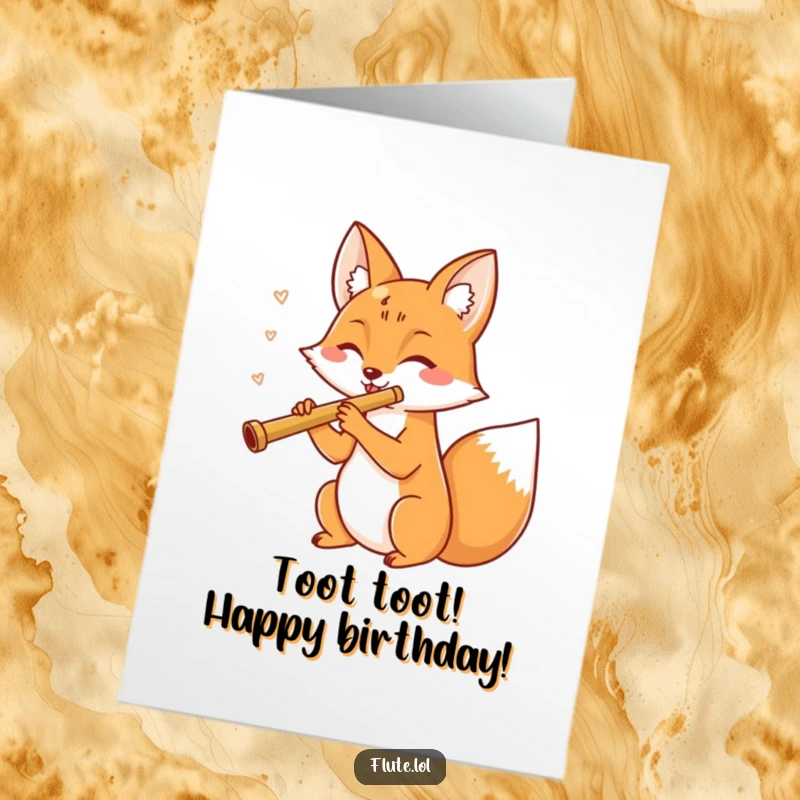 Funny free printable birthday card featuring a cheerful fox merrily playing a flute with a big smile.