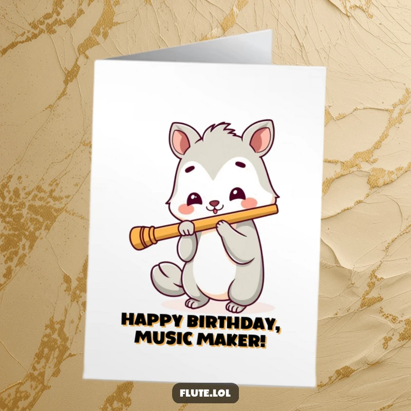 Funny Free Printable Birthday Card: Cheerful animal joyfully playing a long flute, spreading birthday cheer.