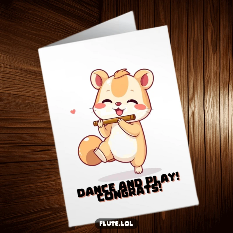 Funny Free Printable Congratulations Card: Animal joyfully tapping its foot while miming flute playing, celebrating with rhythm.
