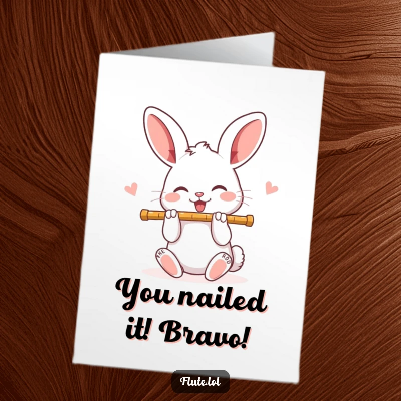 Funny free printable congratulations card of a happy rabbit playing a flute with a cheerful expression.