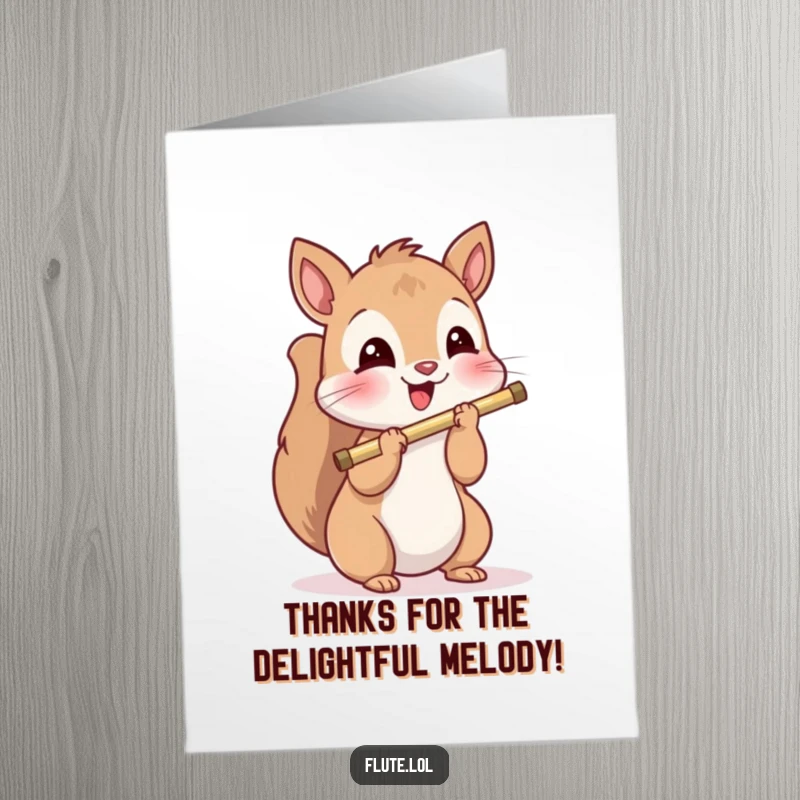 Funny free printable thank you card with a delighted squirrel playing a flute with a happy expression.