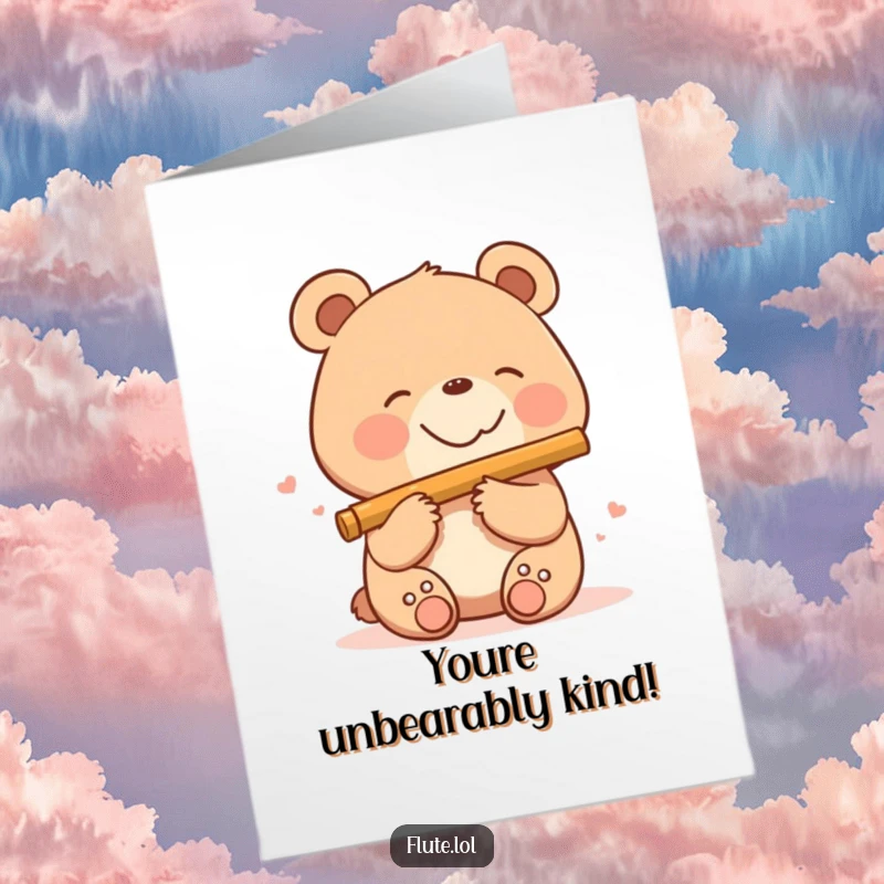 Funny free printable thank you card with a smiling bear playing a flute with a happy expression.