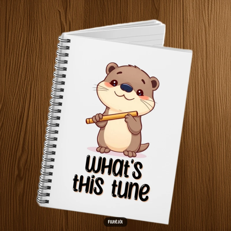 Funny notebook cover with a curious otter holding a flute, designed for jotting down intriguing thoughts and ideas.