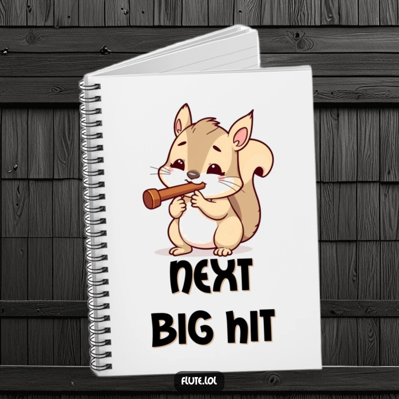 Funny notebook cover with a determined squirrel playing a tiny flute, designed for capturing focused thoughts and ideas.