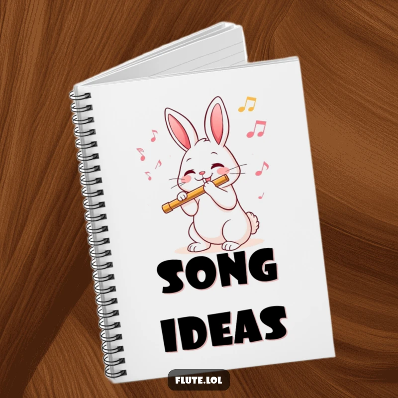 Funny notebook cover with a rabbit playing a flute and musical notes, designed for jotting down notes musically.
