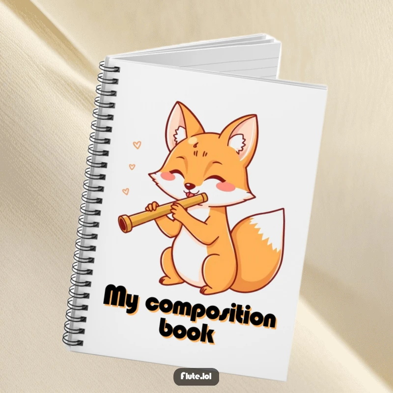 Funny, cheerful fox playing a flute, perfect for writing musical notes or daily thoughts in this notebook.