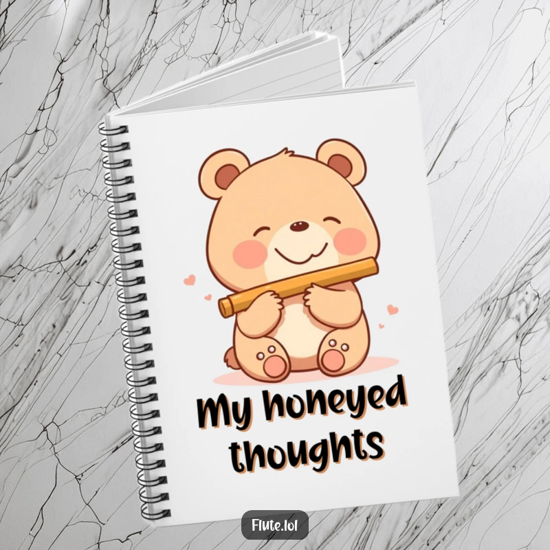 Funny, smiling bear playing a flute, perfect for writing musical notes or daily thoughts in this notebook.