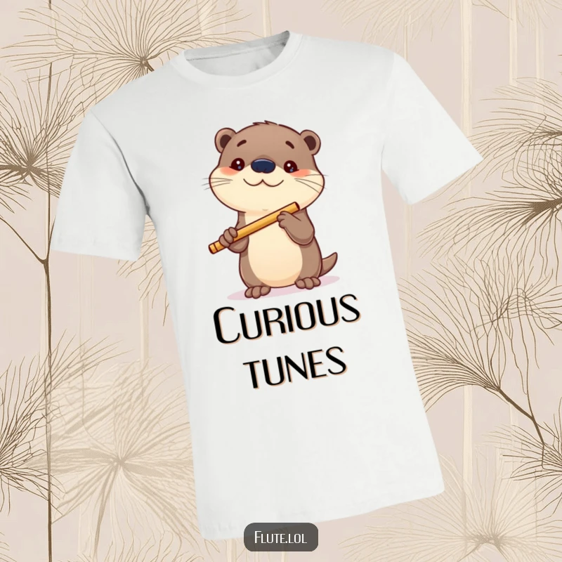 Funny t-shirt depicting a playful otter holding a flute with a curious expression, ready for musical adventures.