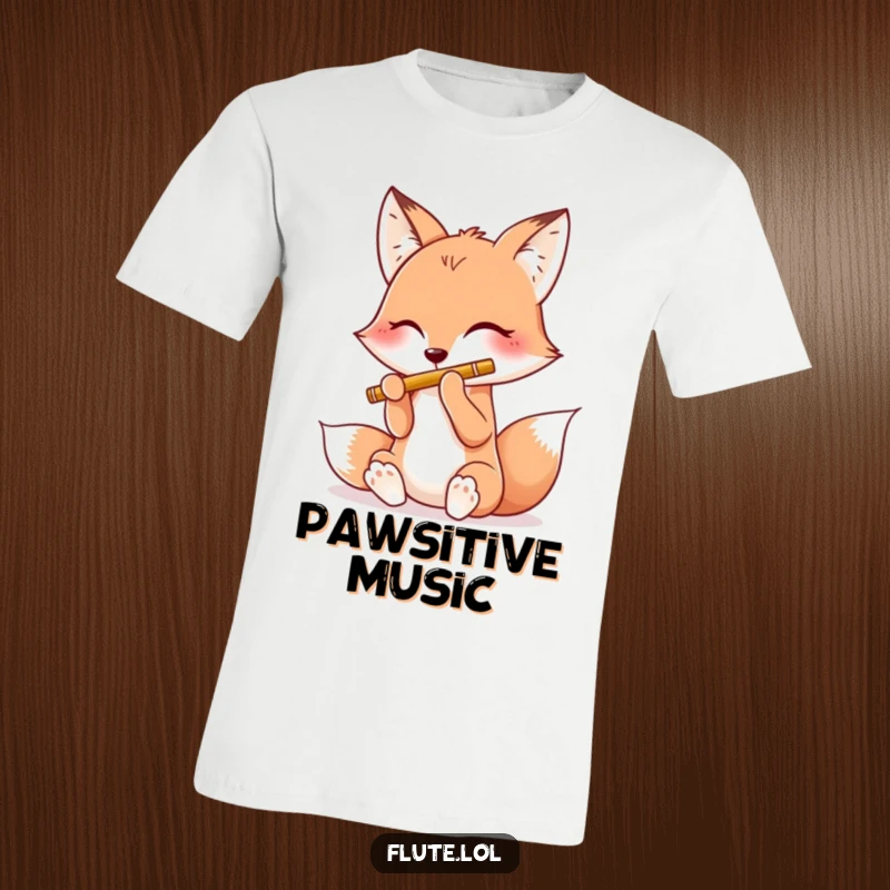 Funny t-shirt showing a happy fox playing a flute skillfully with all four of its paws, a lively performance.