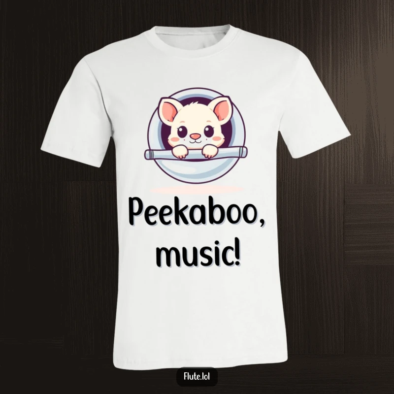Funny t-shirt featuring a small, adorable animal popping its head out from a large, shiny flute, full of comedic surprise.