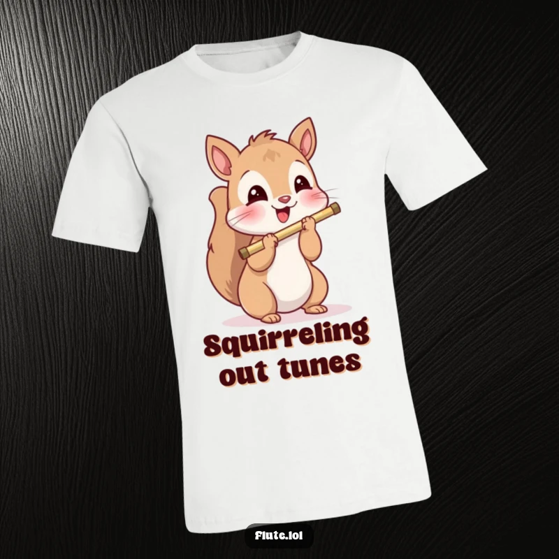 A playful squirrel holding a wooden flute with a delighted expression, looking joyful and musical on this funny t-shirt.