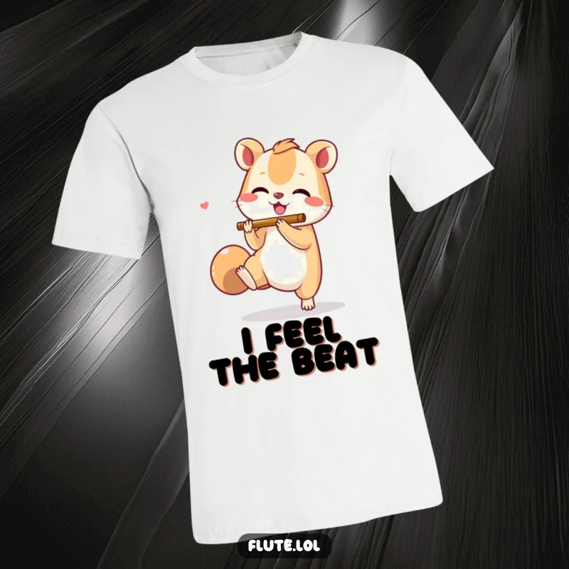 Funny t-shirt featuring a small animal with a joyful expression, tapping its foot energetically while miming flute playing.
