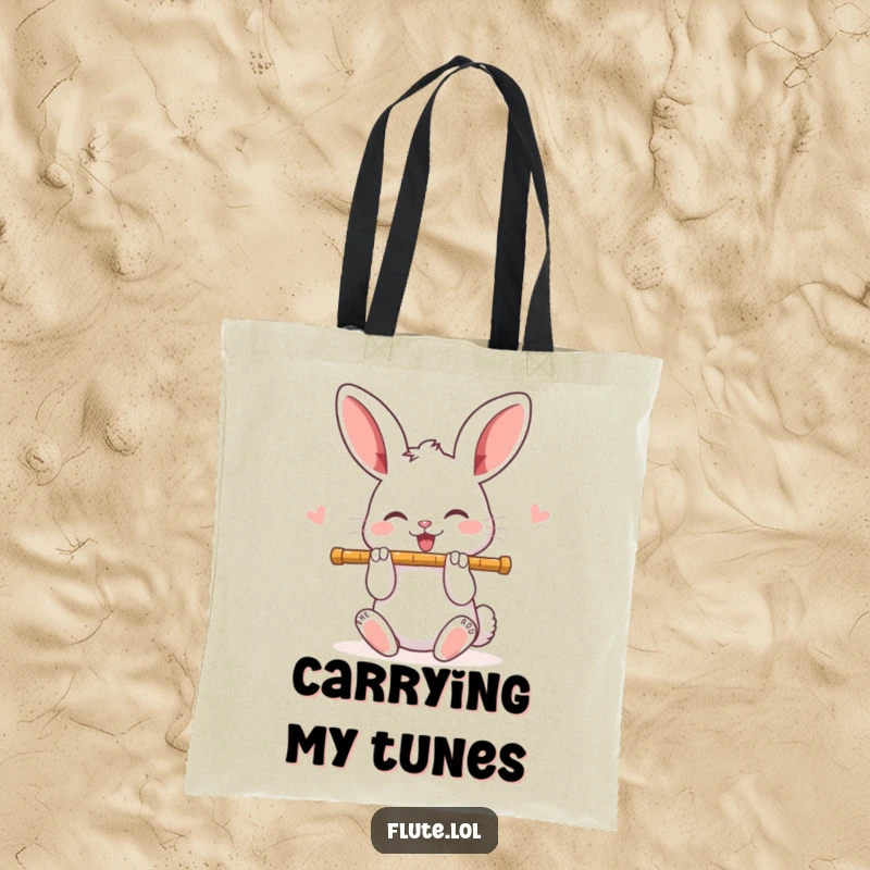 A funny and joyful rabbit playing a flute, with bright, happy eyes, perfect for carrying music sheets on this tote bag.