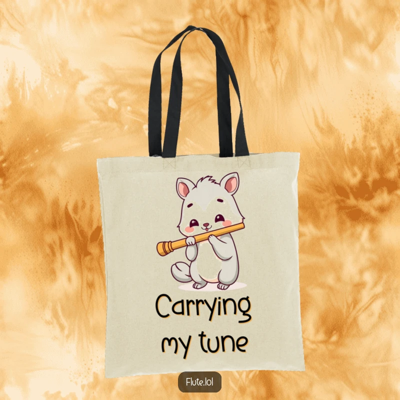 Funny tote bag with a happy, grinning animal playing a long flute with a cheerful expression, bringing musical delight.