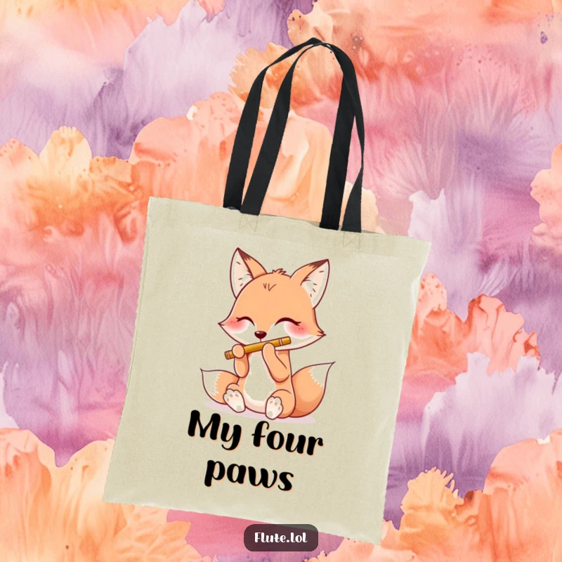 Funny tote bag with a happy fox playing a flute using all four paws, perfect for carrying essentials with flair.
