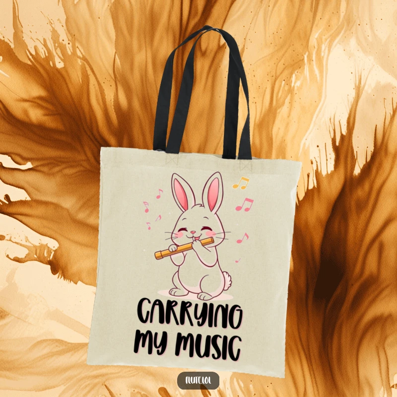 Funny tote bag with a joyful rabbit playing a flute amidst floating musical notes, perfect for carrying essentials.