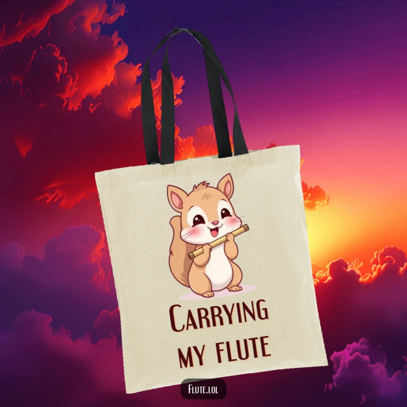Playful squirrel holding a flute with a delighted expression, perfect for carrying music sheets or daily essentials on this tote bag.