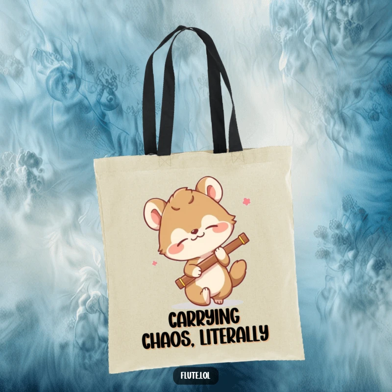 Funny tote bag with a comically tripping animal struggling to hold a flute, mid-tumble with a surprised look.