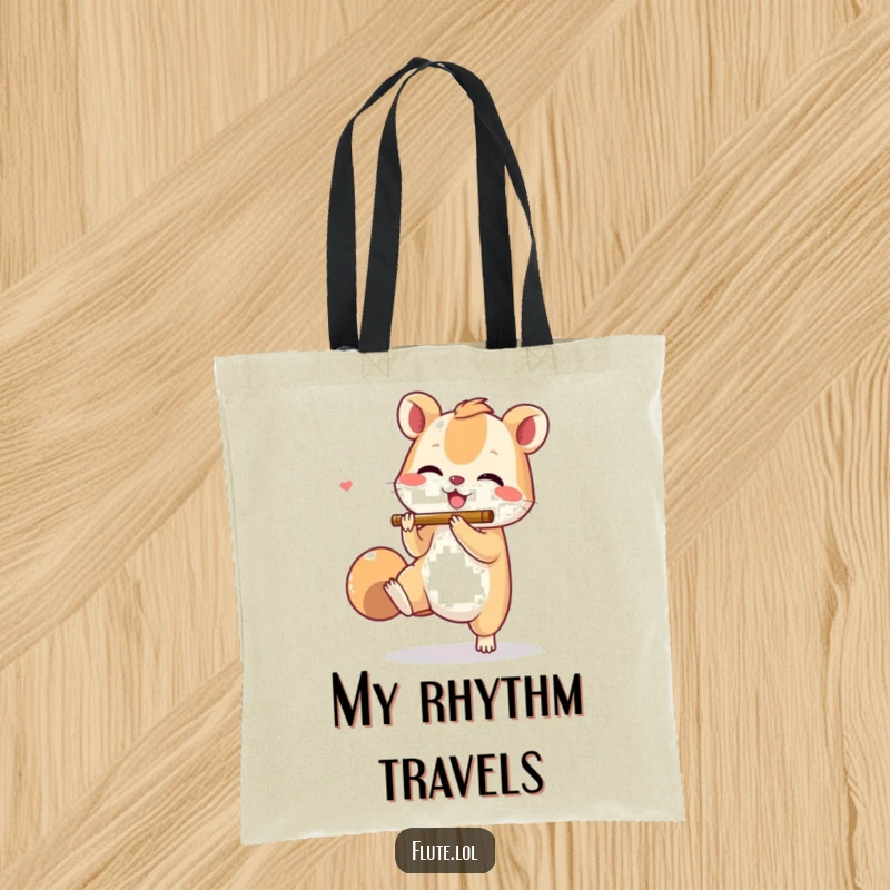 Funny tote bag with a small animal joyfully tapping its foot while miming flute playing, full of musical rhythm.
